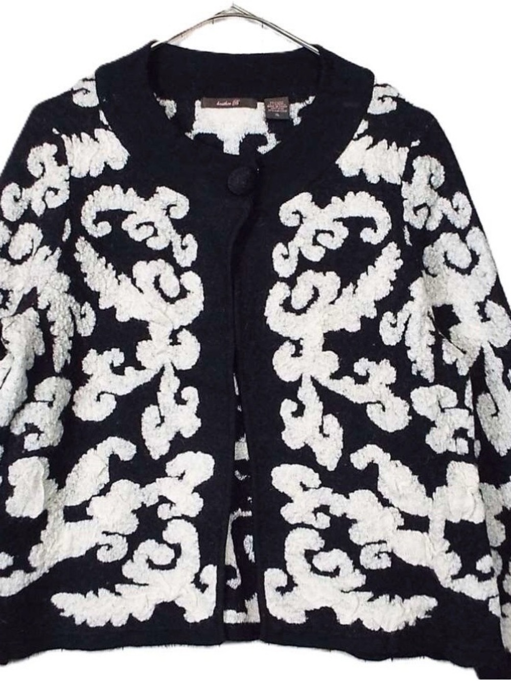 Heather B Black White Cardigan - S- Wool Blend Damask Scroll Boho Cozy Eclectic
